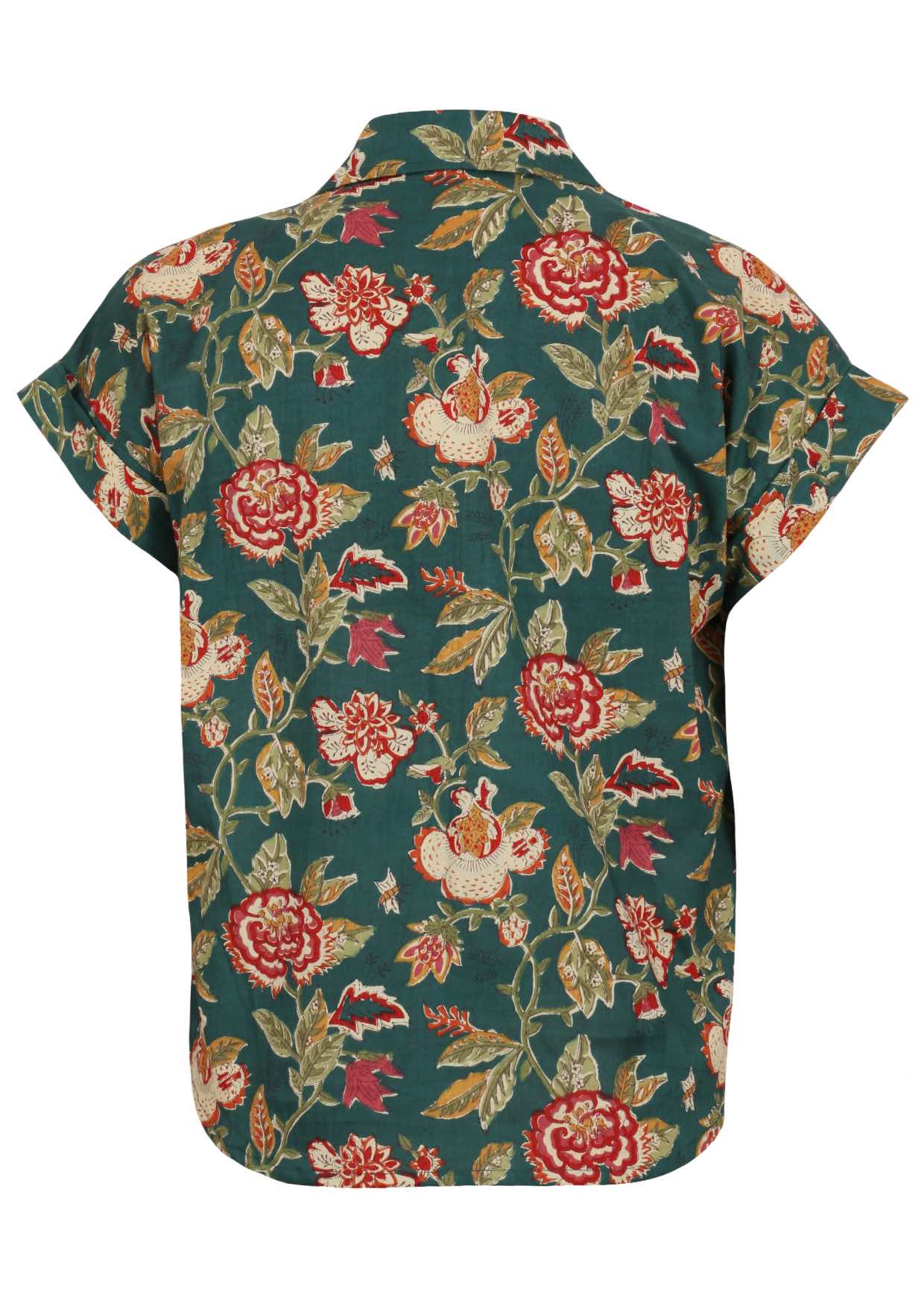 Lightweight 100% cotton top in bottle green with V neckline, collar and short folded sleeves