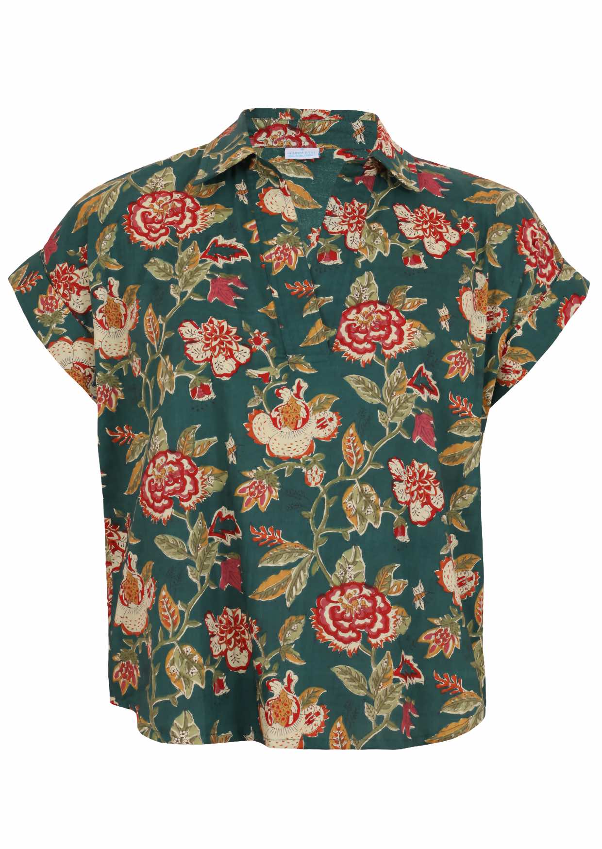 100% cotton floral printed relaxed fit cotton top with collar and short folded cuff sleeves