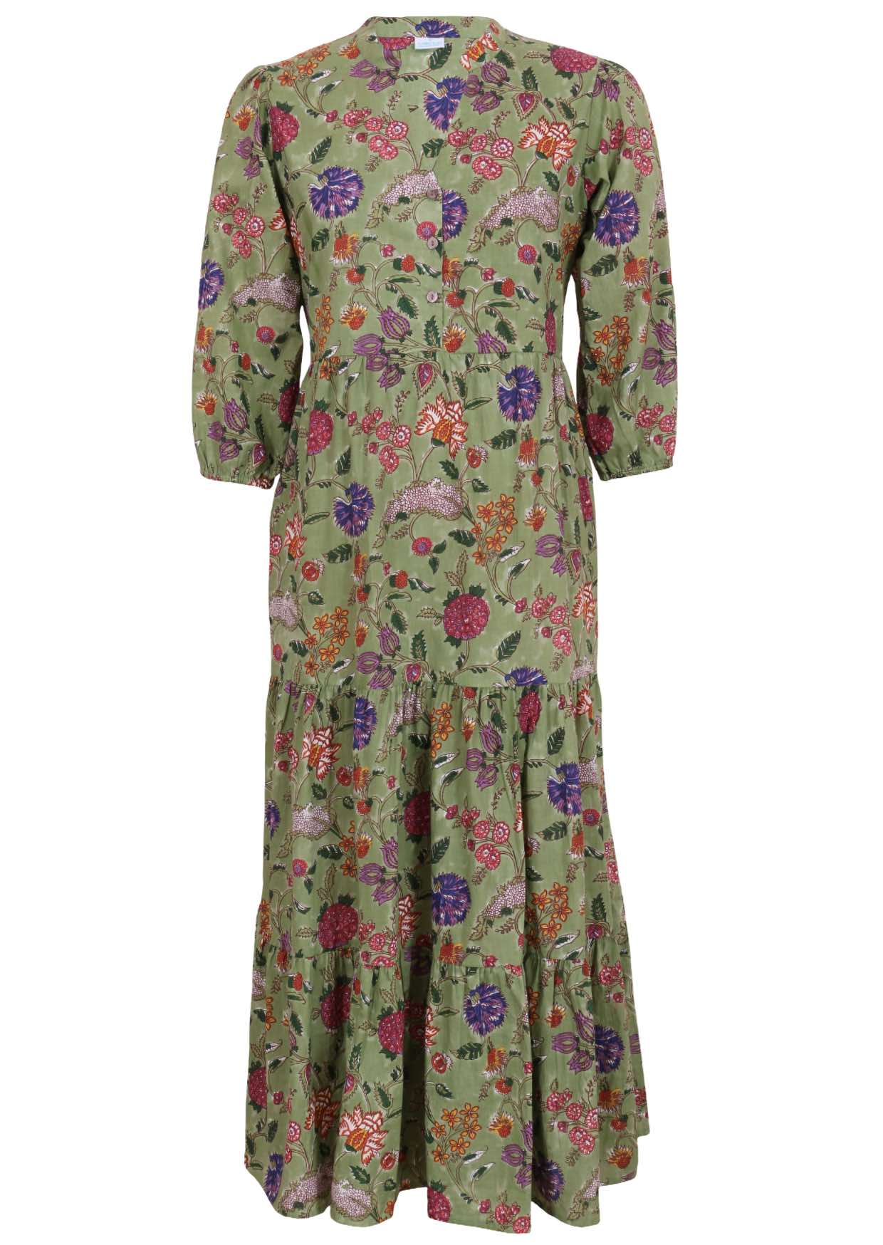 Green based multi-coloured folk style florals print cotton dress with pockets.