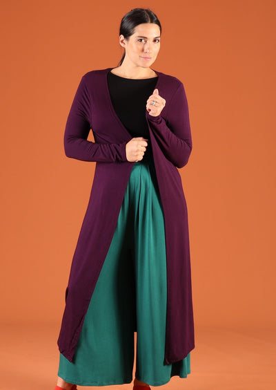 Jersey Duster Jacket Cardigan. Long Sleeve. mid calf length. open front. 100% rayon. soft stretch jersey fabric dark purple| Karma East Australia