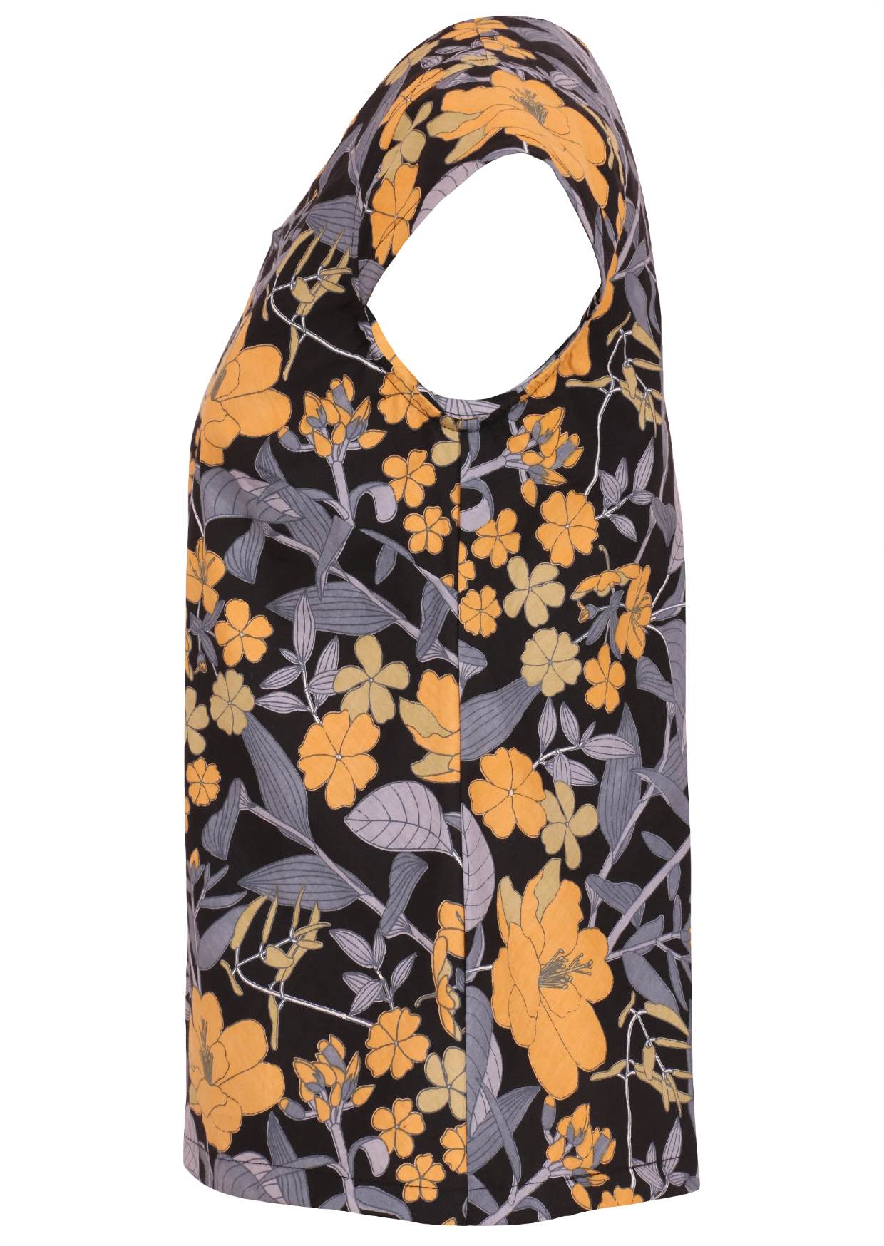 Side view of tailored cotton top with cap sleeves in black based yellow and grey floral print
