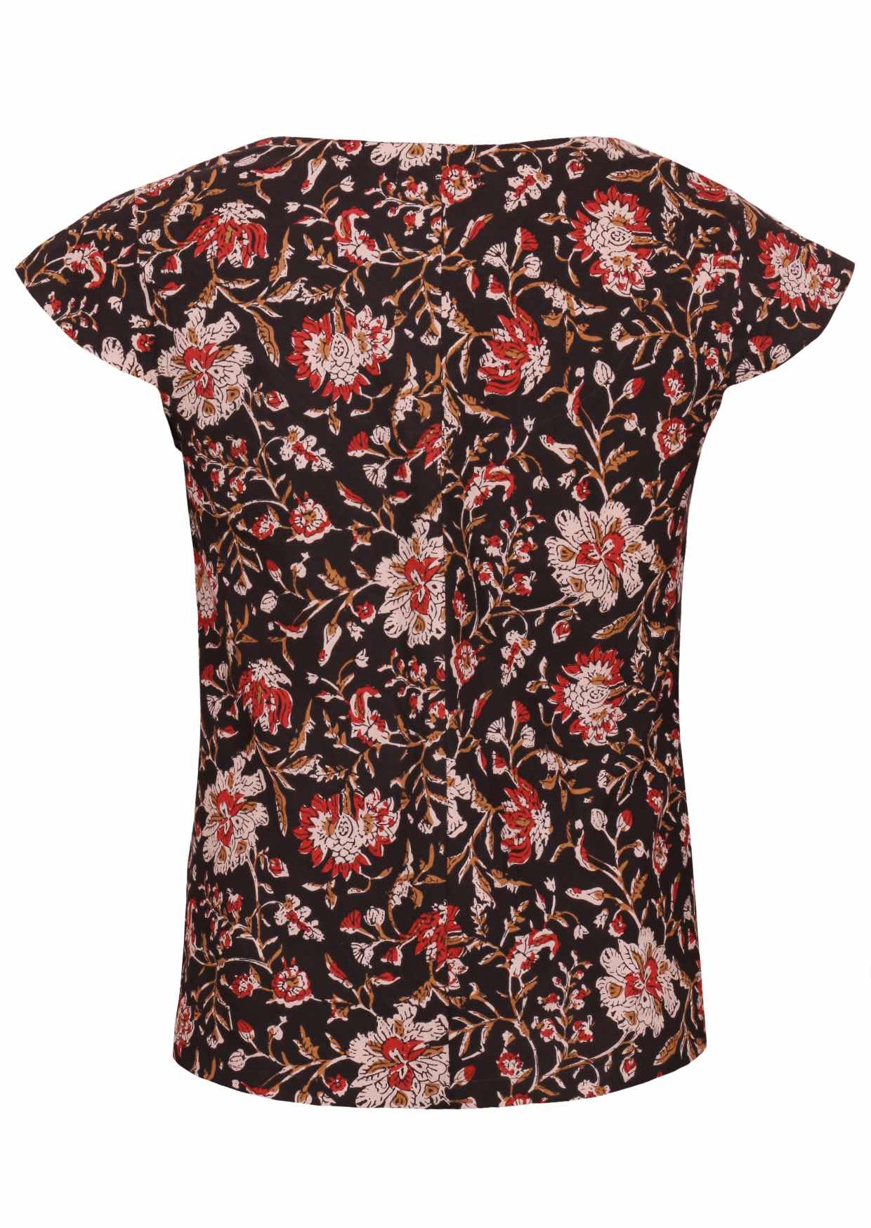 Black based traditional Indian floral print cotton top on a white background.