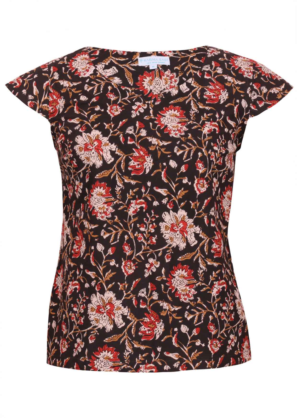 Black based traditional Indian floral print cotton top with round neckline.