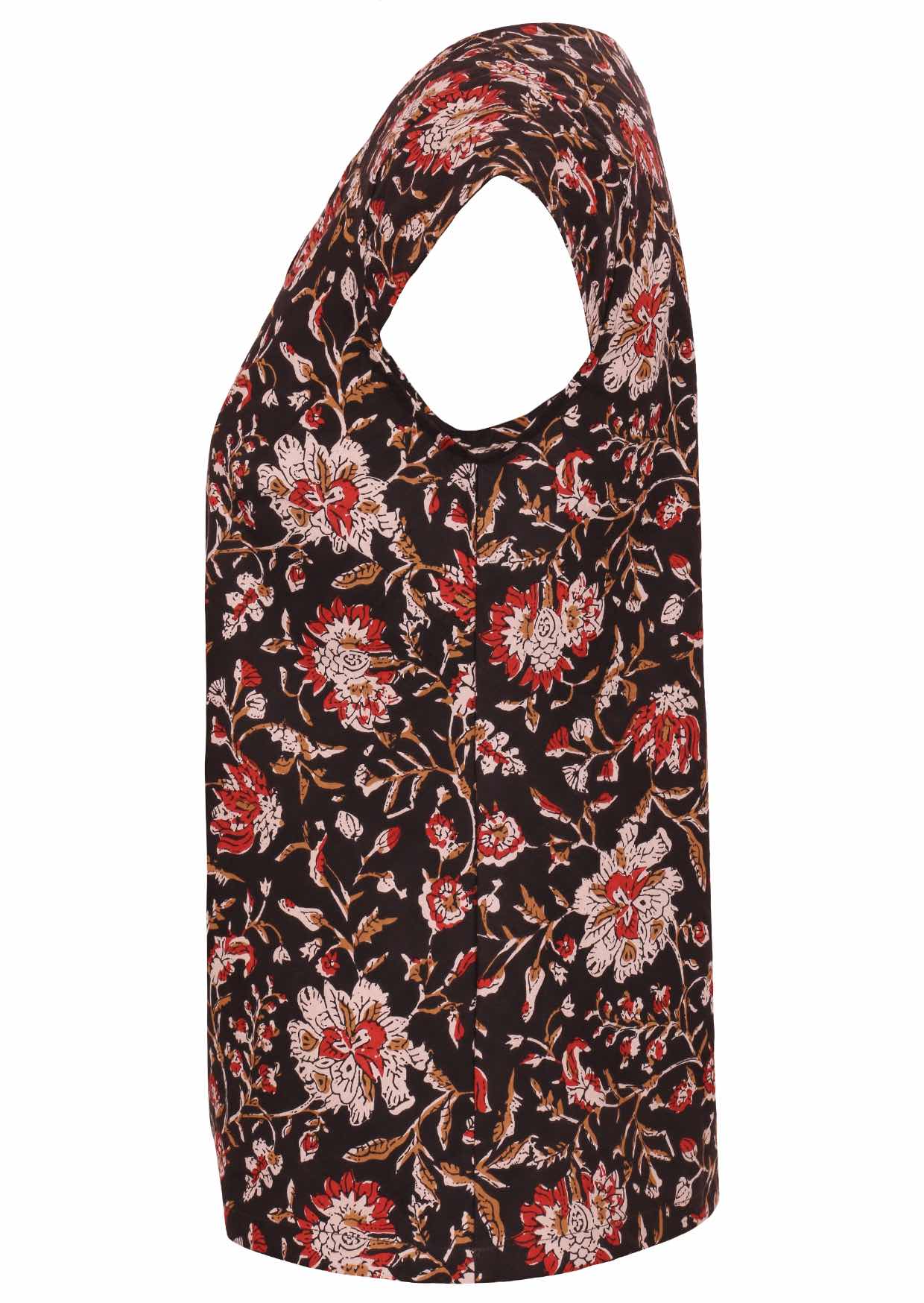 Black based traditional Indian floral print cotton top with cap sleeves.