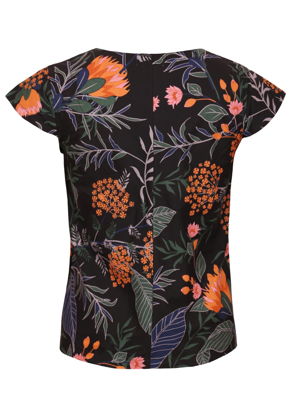 Black floral cotton top with cap sleeves and centre back seam