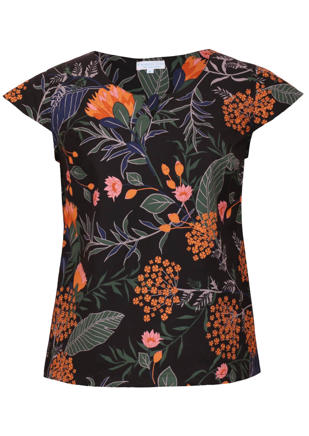 100% cotton tailored top in black based botanical print with cap sleeves and round neckline with keyhole cutout