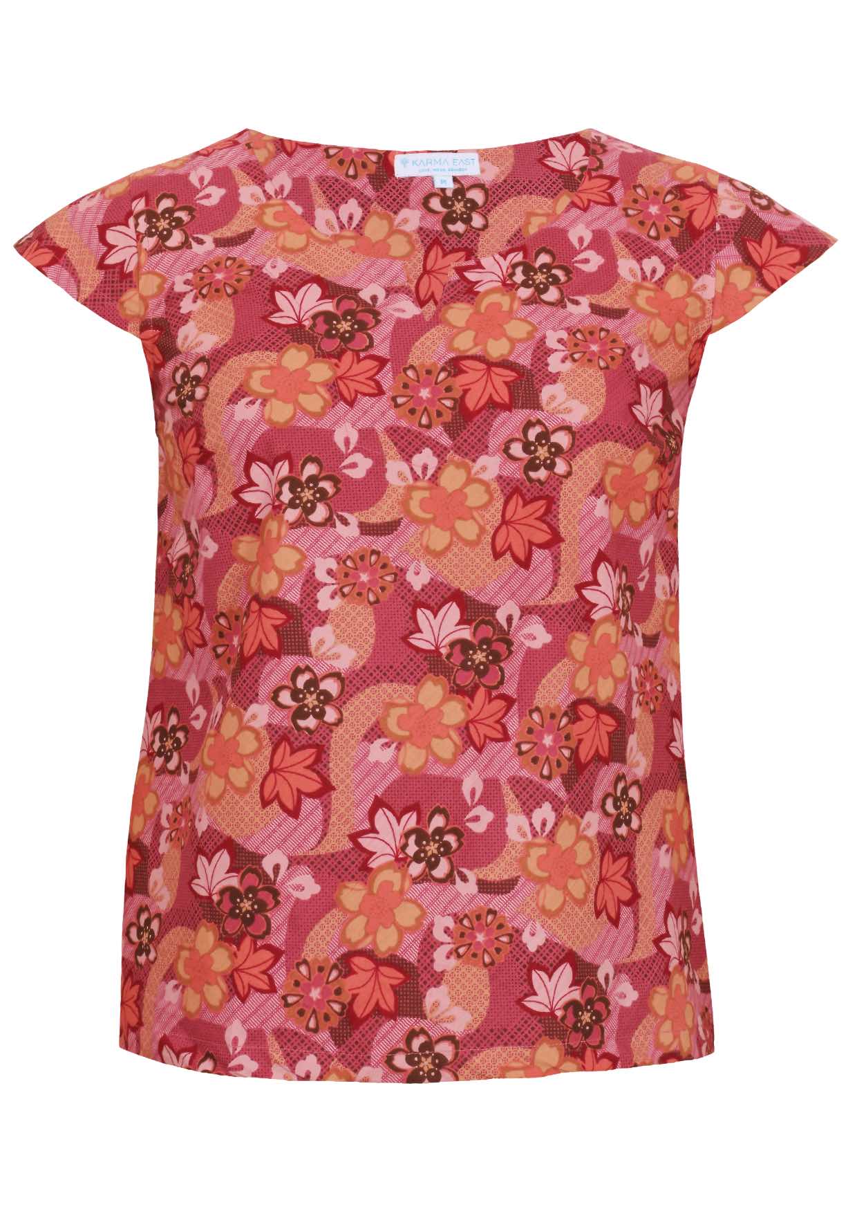 Round neck cotton top with Japanese-style print in pink, maroon, brown, peach, and khaki.
