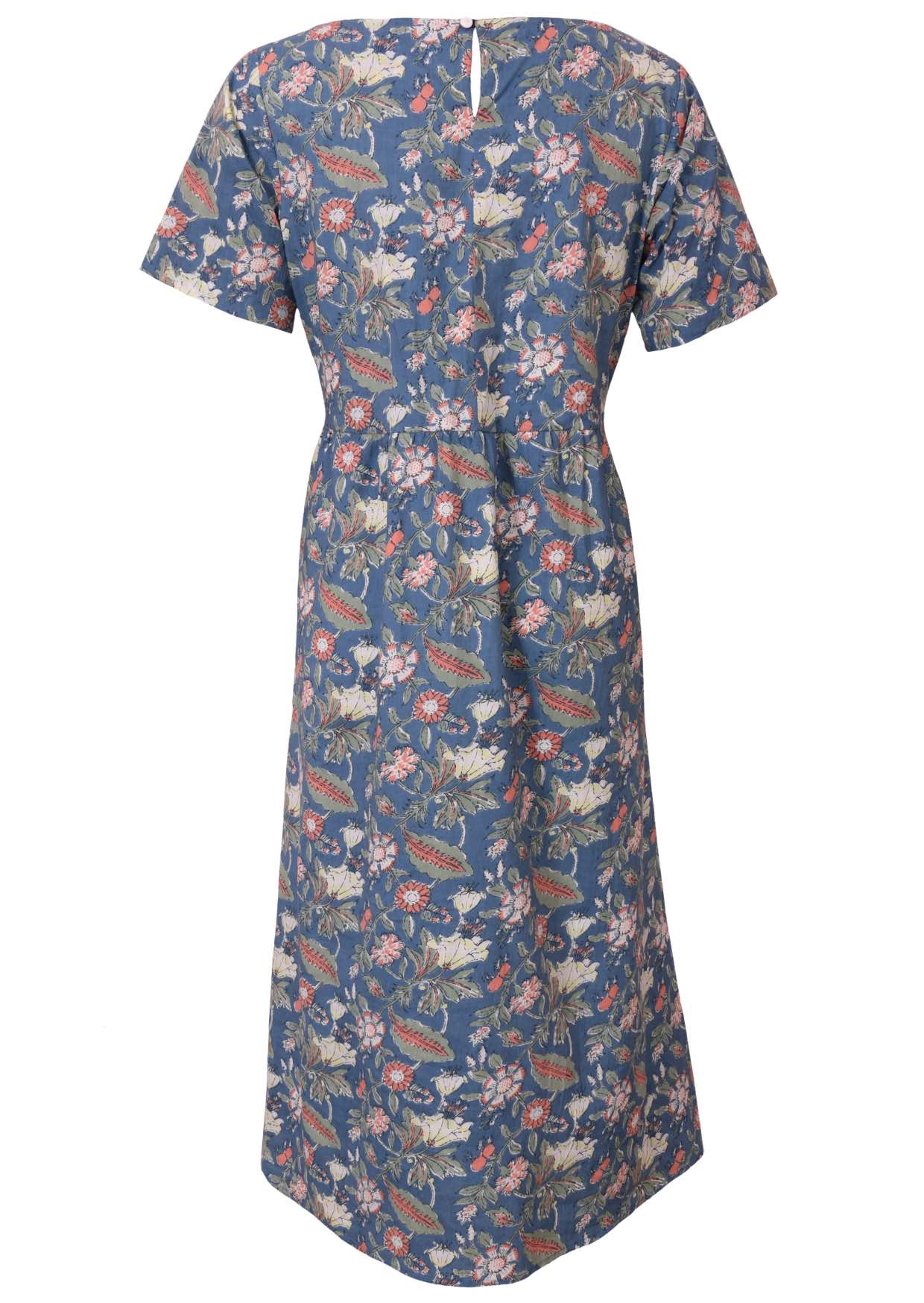 Back view of midlength floral blue cotton dress with short sleeves and button back closure at the nape of the neck 