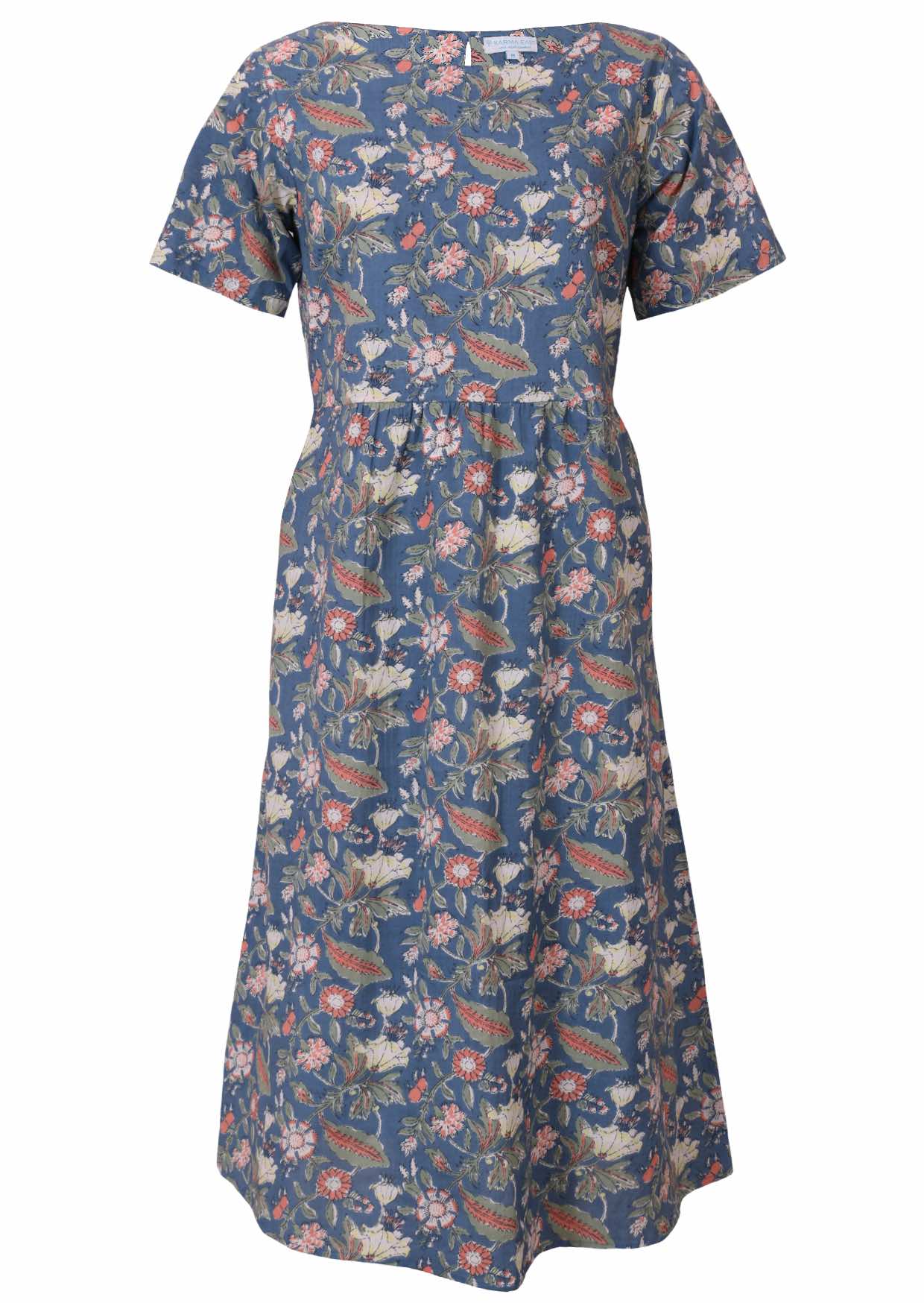 Cotton short sleeved midi length dress with high round neckline in dusty blue based floral print 