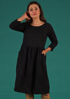 Avery Dress 100%  double cotton black 3/4 sleeve relaxed fit round neckline knee length dress | Karma East Australia