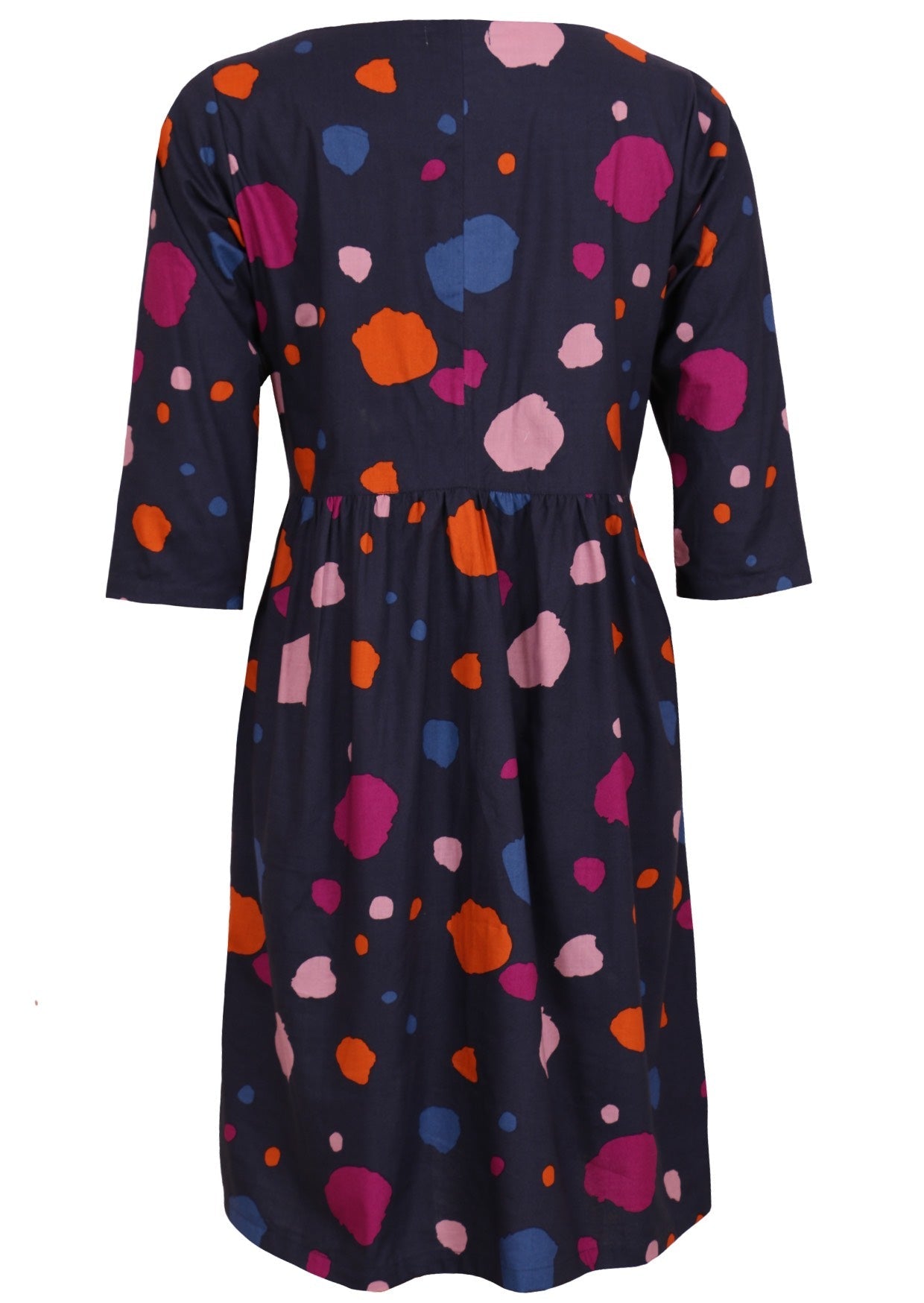 100% cotton navy blue, long sleeve dress with pockets and high round neckline.