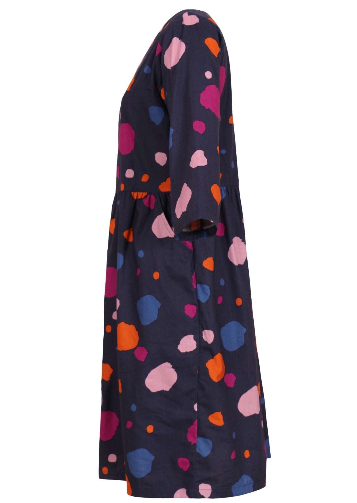 Side view of 100% cotton knee length dress with 3/4 sleeves and pockets.