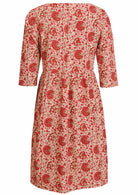 Back image of beautiful floral printed, midlength cotton dress with 3/4 sleeves and pockets.