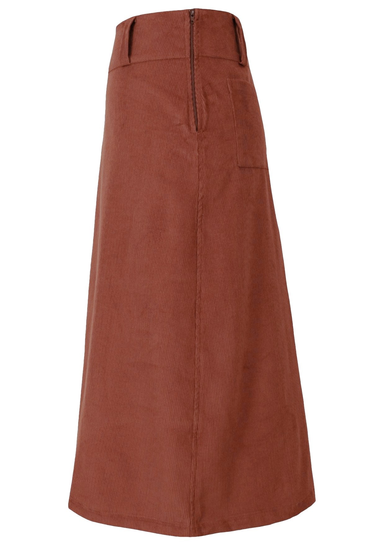 Side mannequin photo of midi length corduroy A-line skirt with belt loops and side zip in burnt henna colour