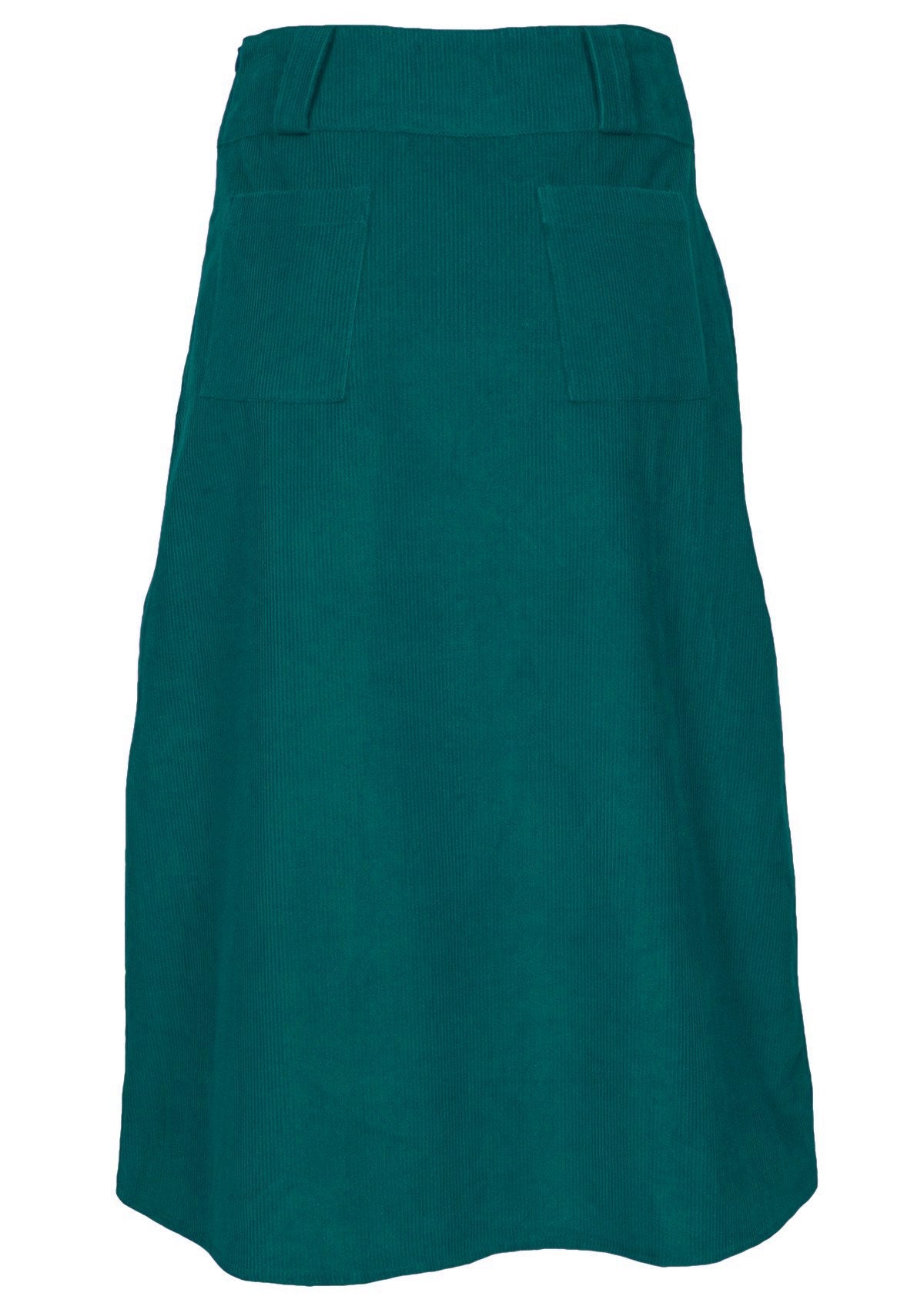 Back mannequin photo of teal corduroy midi length A-line skirt with belt loops and back pockets
