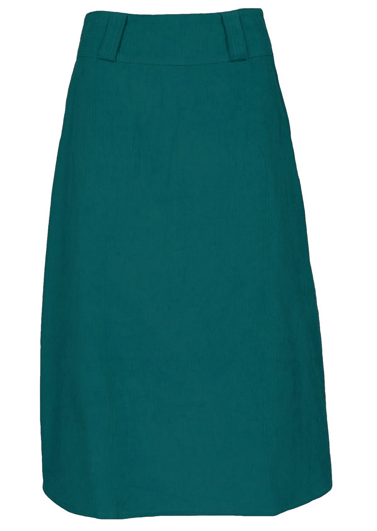 Front mannequin photo of teal corduroy midi length A-line skirt with belt loops