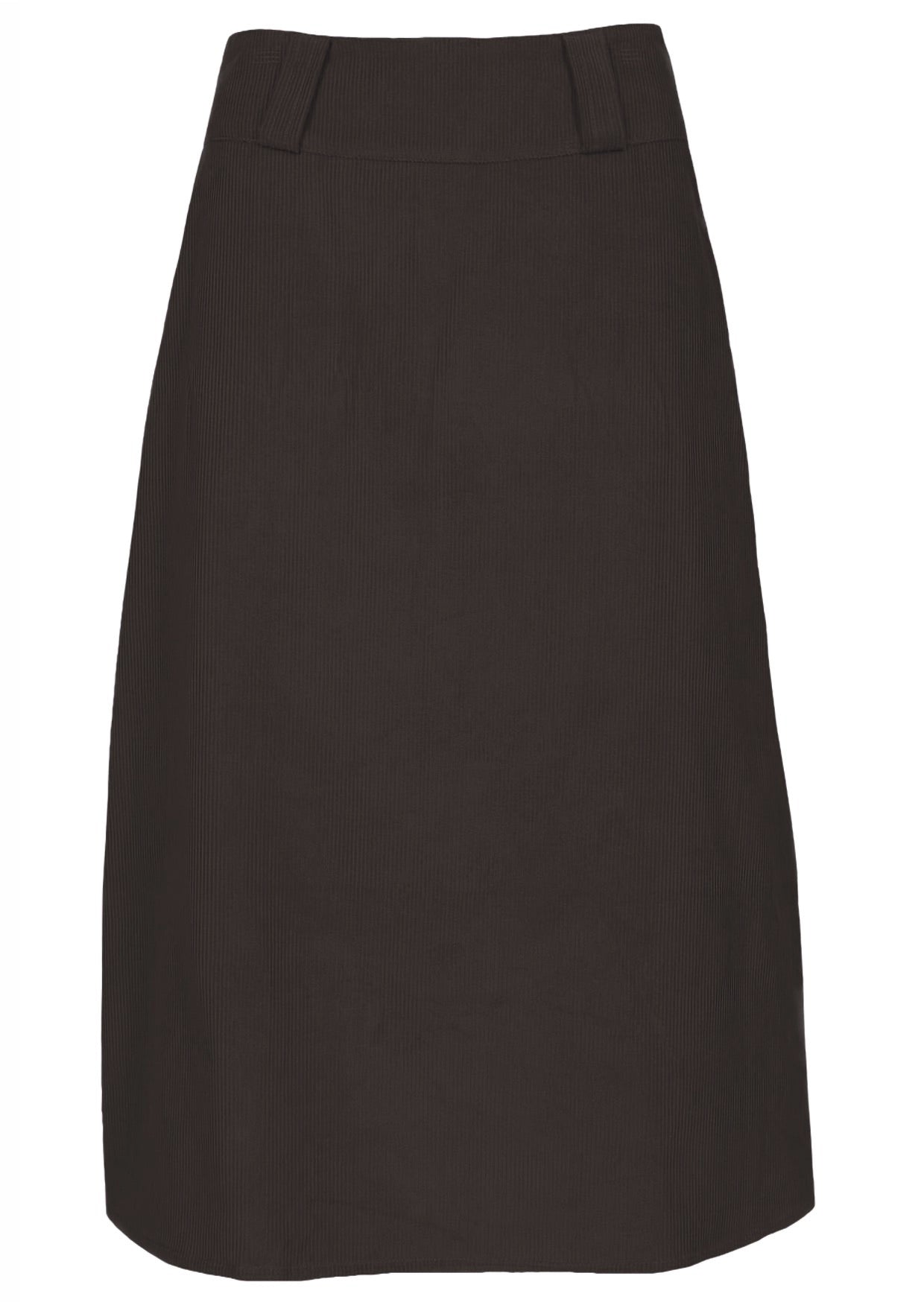 Chocolate brown cotton corduroy A-line midi length skirt with belt loops