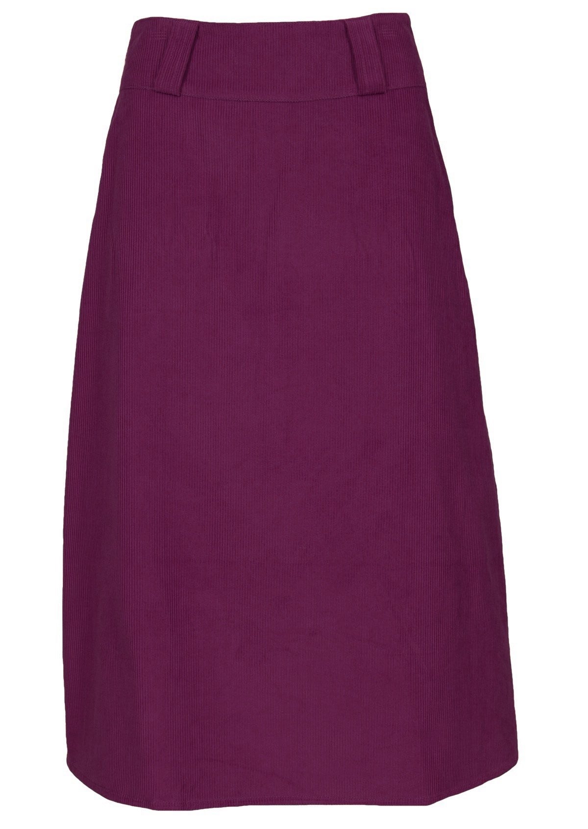 Front mannequin photo of plum purple corduroy midi length A-line skirt with belt loops