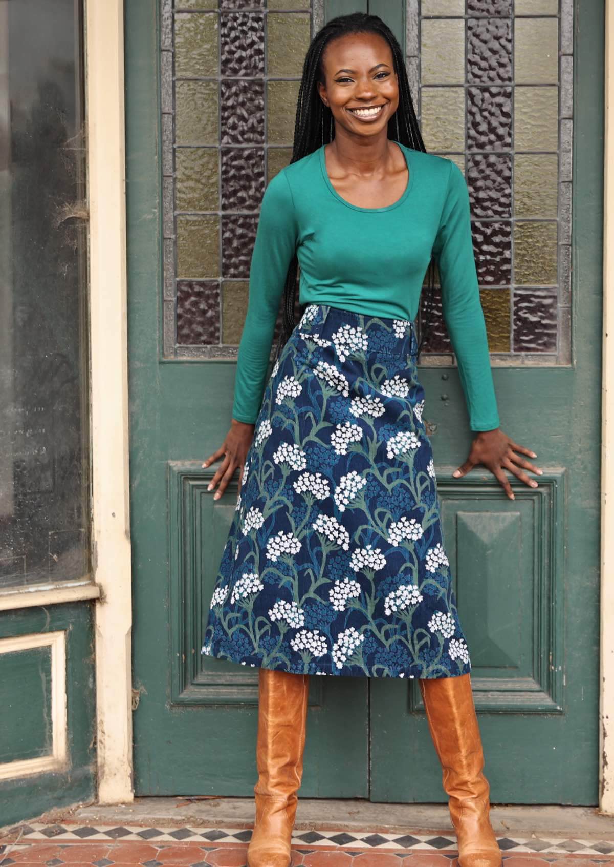 A-line midi corduroy skirt with belt loops