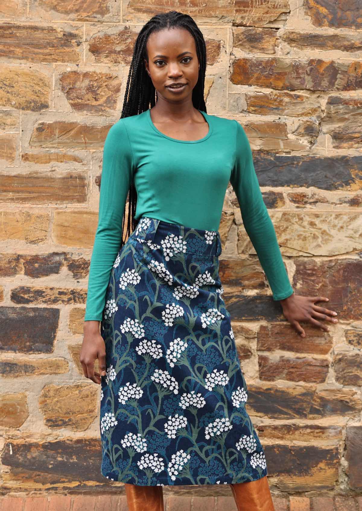 Gorgeous floral print on cotton corduroy skirt