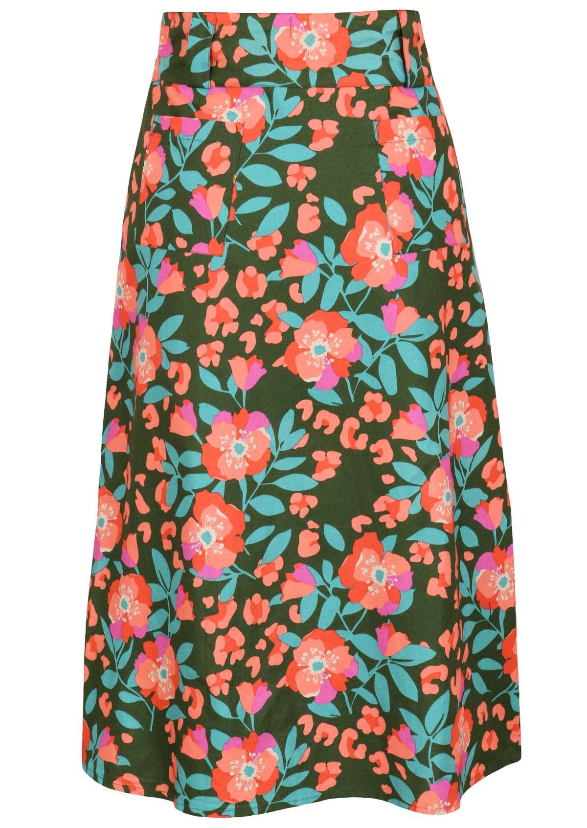 Back view of cotton A-line skirt in olive green based floral print with side zip. 
