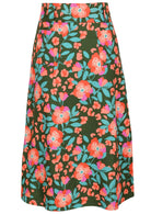 Back view of cotton A-line skirt in olive green based floral print with side zip. 