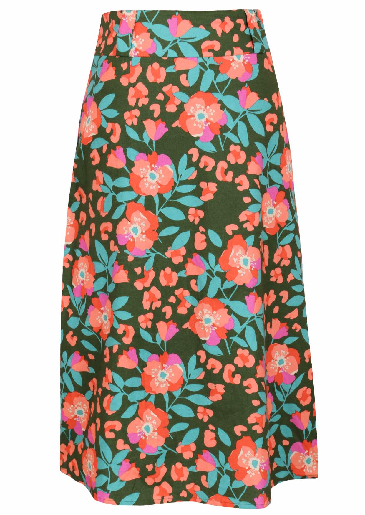 Cotton A-line skirt in olive green based floral print.