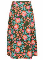 Cotton A-line skirt in olive green based floral print.