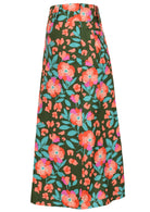 Side view of cotton A-line skirt in olive green based floral print with side zip. 