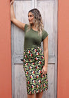 Model wears cotton A-line midi skirt with belt loops