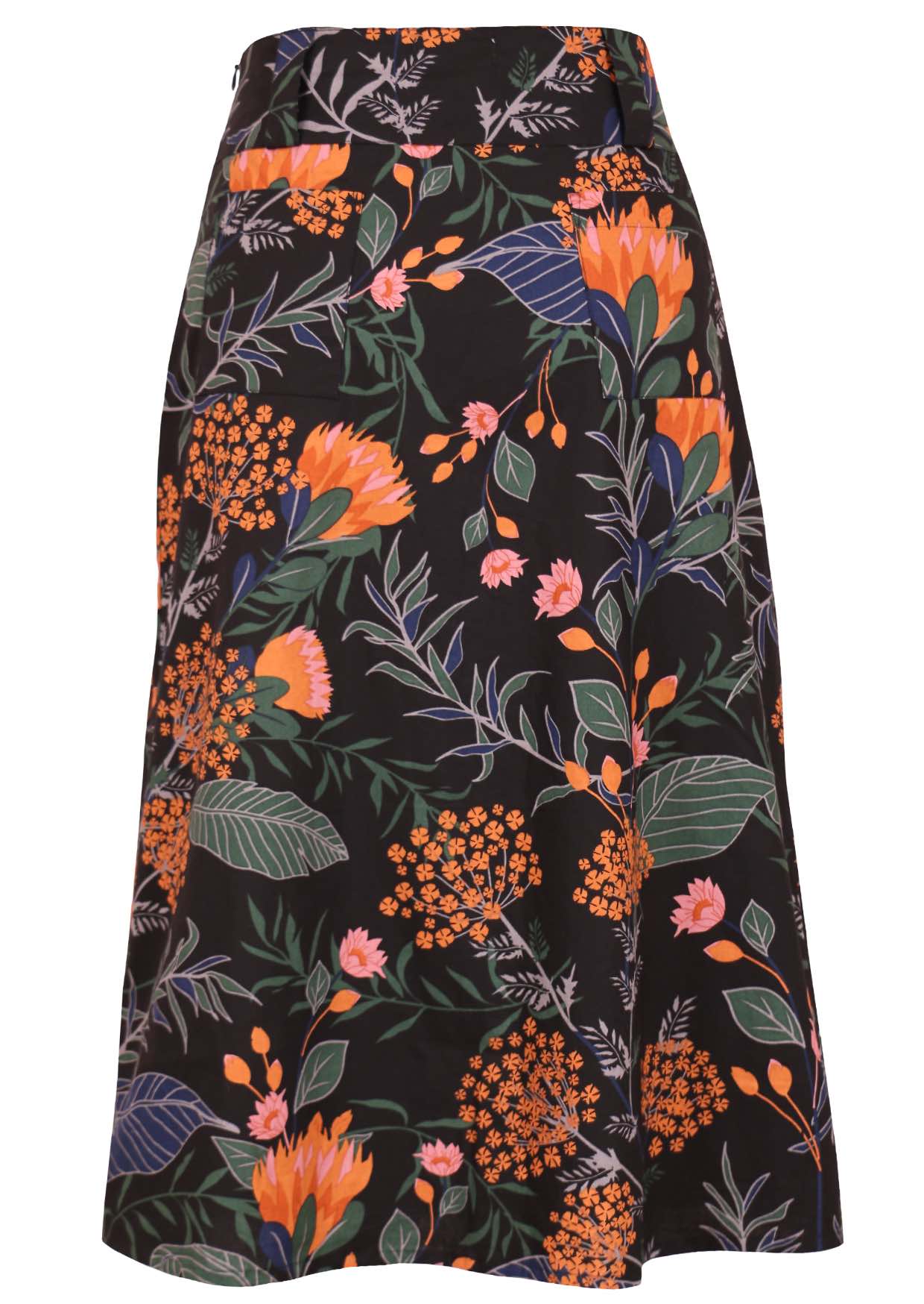 100% cotton mid length, A line Belt Loop skirt with side zipper and back pockets