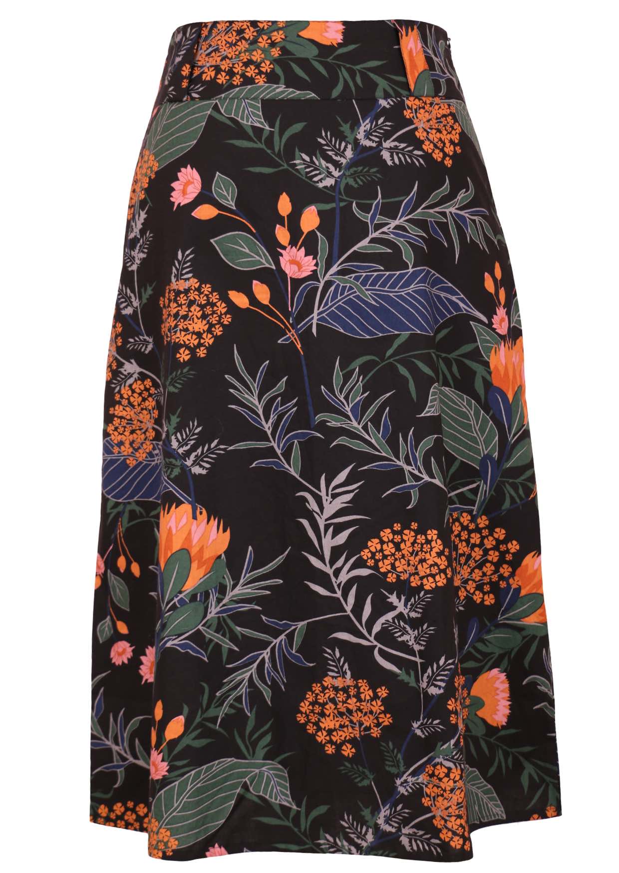 100% cotton mid-length A line skirt with belt loops in black based orange and pink floral print