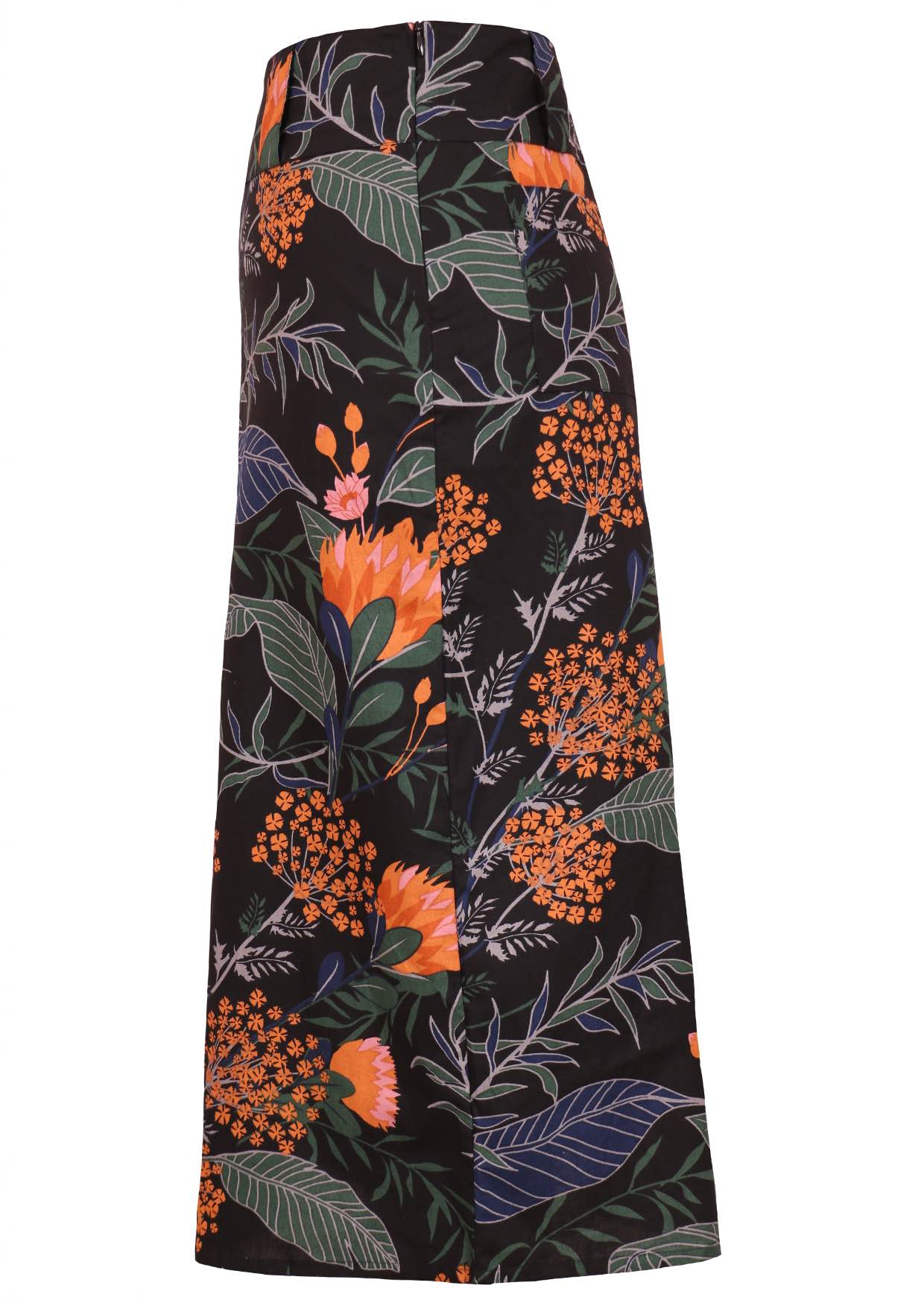 Side view of beautiful floral printed skirt with A line shape, side zipper and belt loops