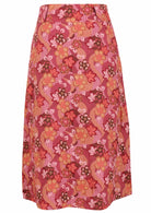 Japanese-style print cotton A-line skirt in pink, maroon, brown, peach, and khaki tones.