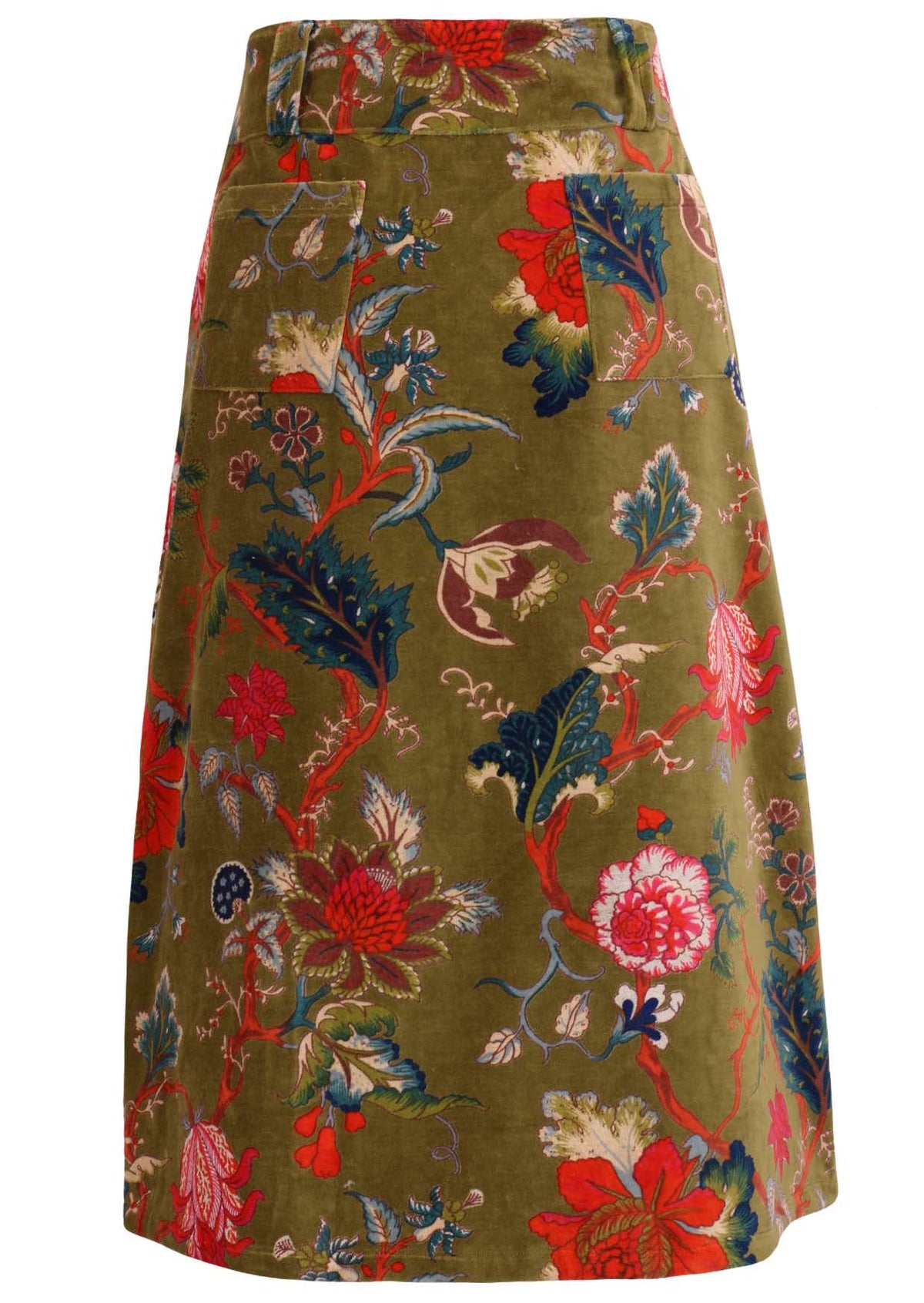 Back view of cotton velvet midi length A-line skirt with back pockets, in multi-coloured Jacobean floral print on a moss green base
