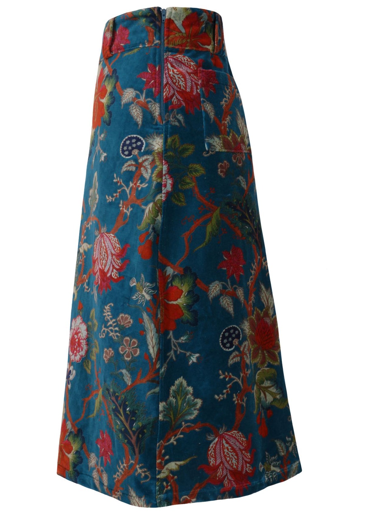Side view of cotton velvet midi length A-line skirt with side zip, in multi-coloured Jacobean floral print on a teal base