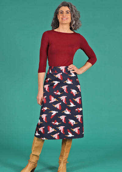 100% cotton dark blue base bird print skirt