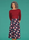 Belt Loop Skirt Percival bird print on dark blue base 100% cotton mid length skirt with belt loops side zip and pockets | Karma East Australia