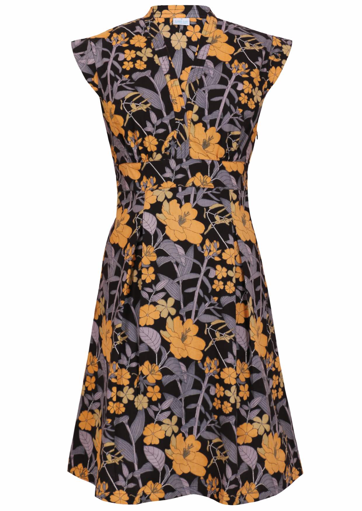 100% cotton retro style knee length dress with box pleats, cap sleeves and V neckline.