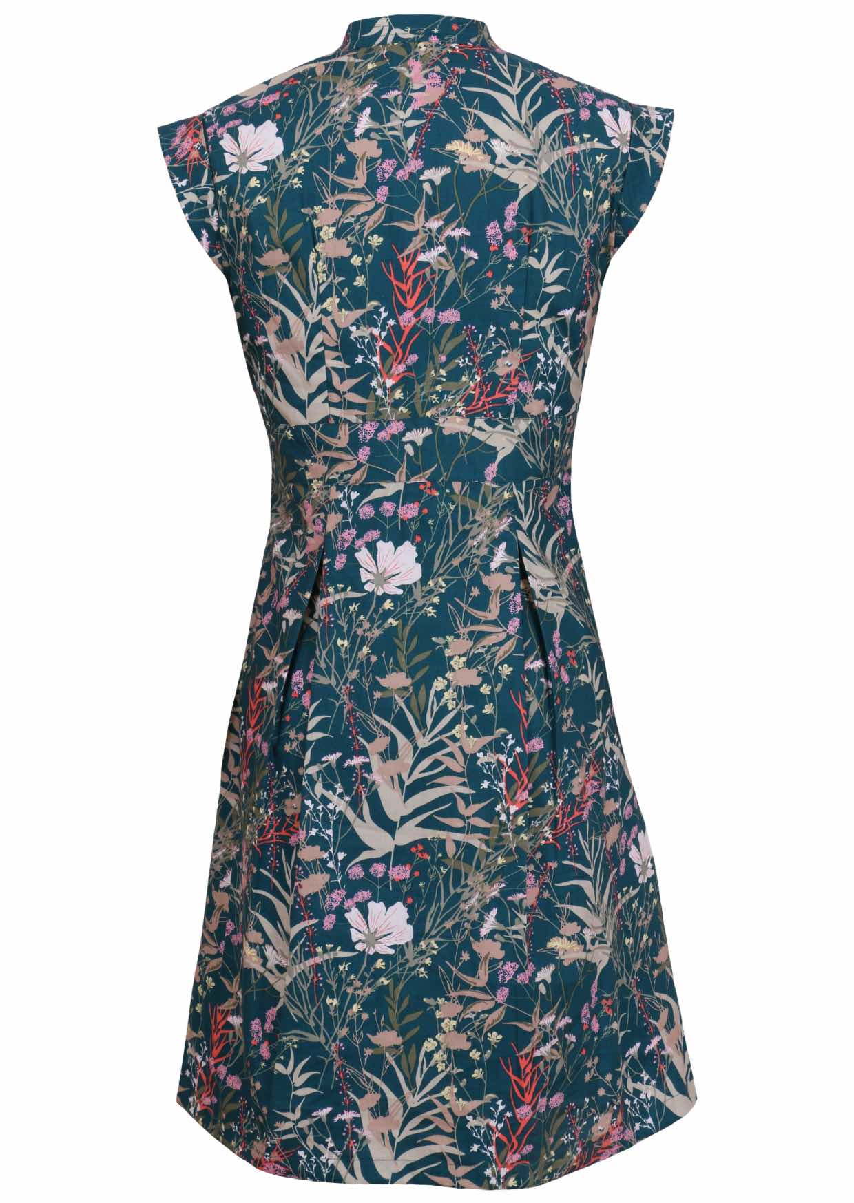 Back view of 100% cotton beautiful teal based floral dress with cap sleeves, side zipper and box pleats