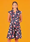 Model wearing box pleat V-neck retro dress