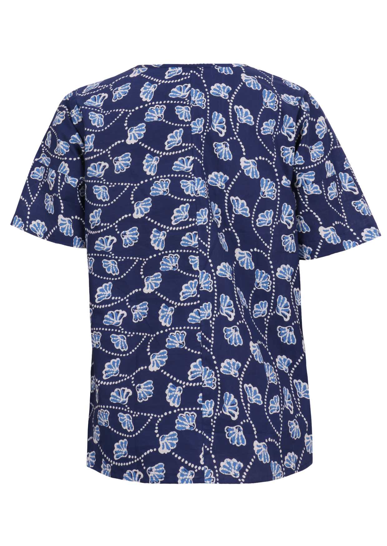 Back of navy based floral print cotton relaxed fit top with short sleeves
