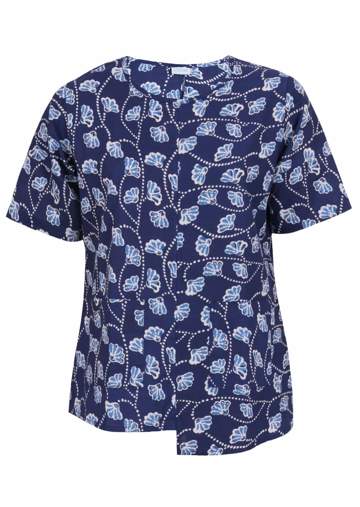 Navy based floral print cotton relaxed fit top with an asymmetrical hem line and front pockets