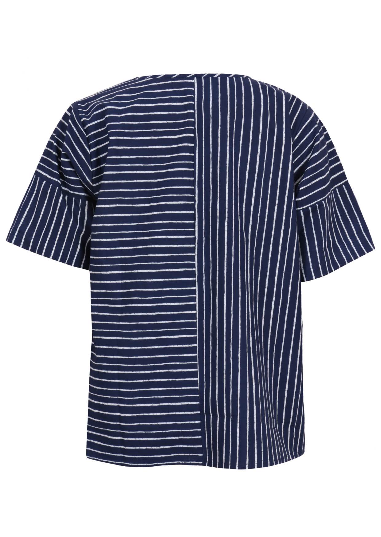 Back of navy and white striped cotton relaxed fit top with short sleeves