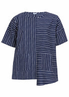 Navy and white striped cotton relaxed fit top with an asymmetrical hem line and front pockets