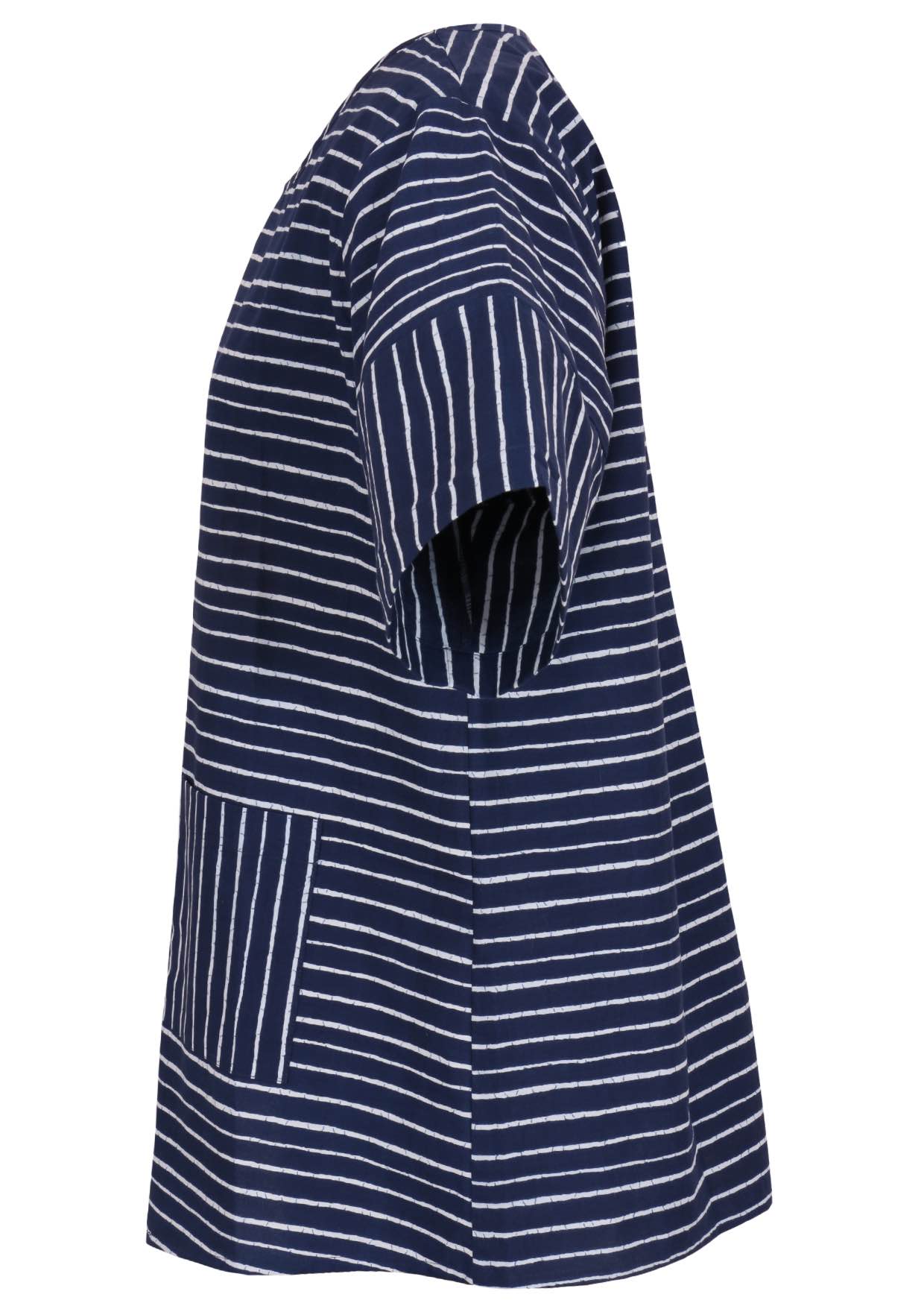 Side of navy and white striped cotton relaxed fit top with short sleeves and front pockets