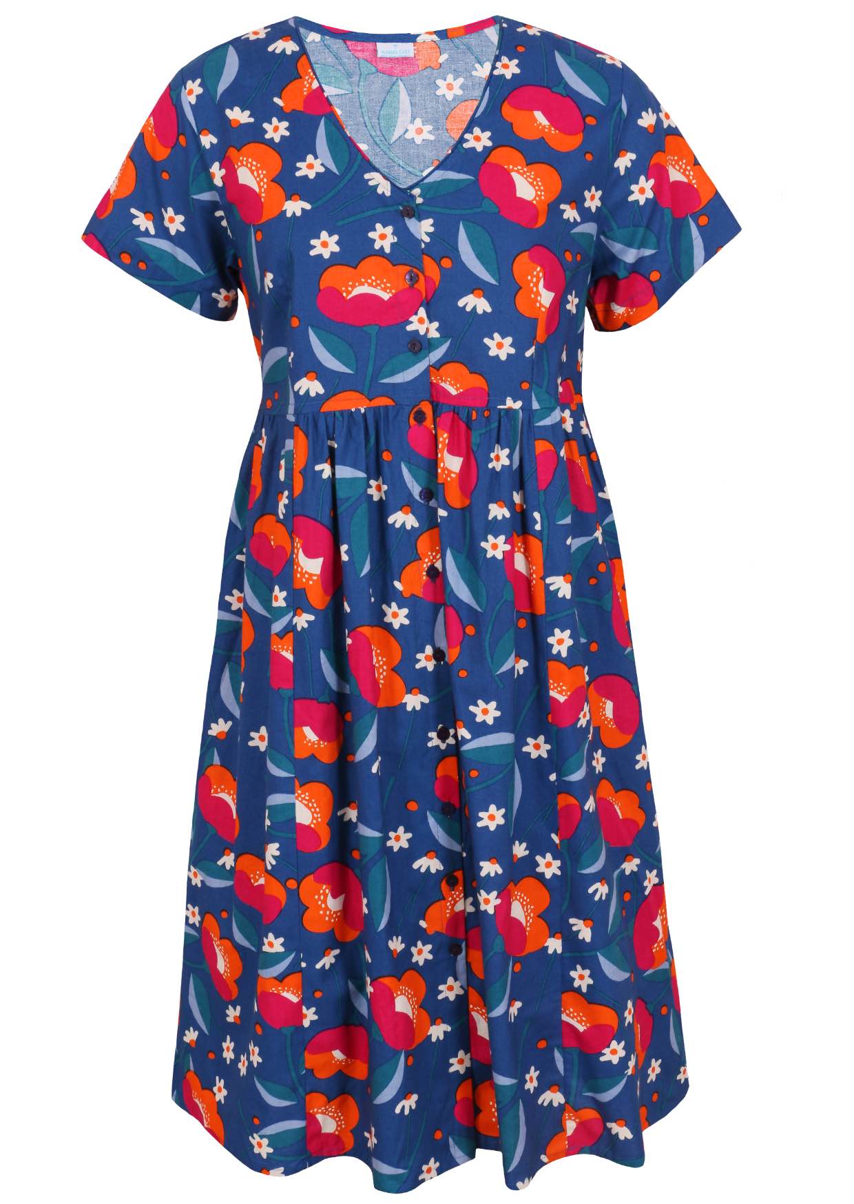 Royal blue based floral cotton button through dress with short sleeves and a V-neckline