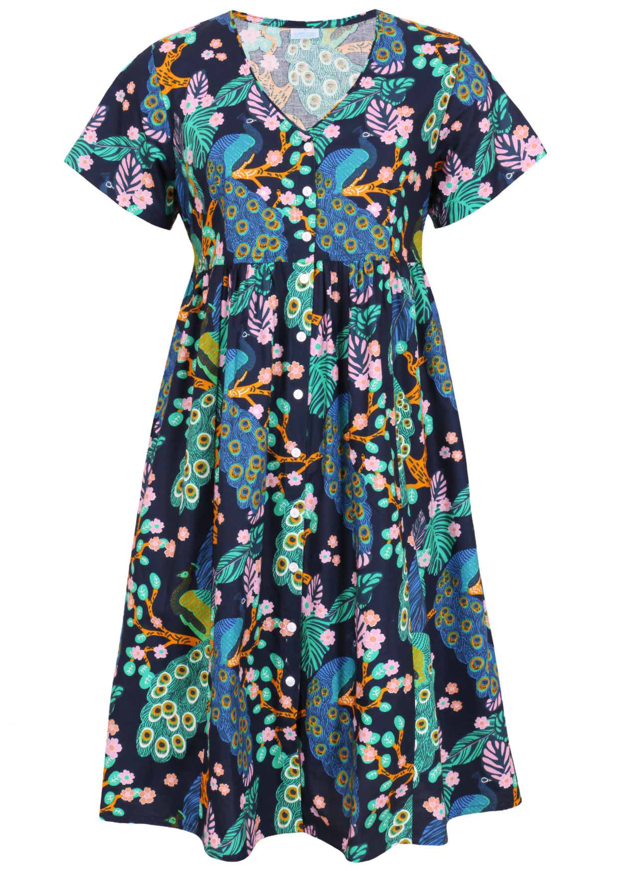 Navy blue based floral cotton button through dress with short sleeves and a V-neckline