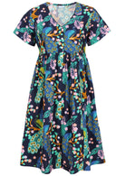 Navy blue based floral cotton button through dress with short sleeves and a V-neckline