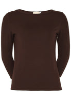 Front view of 3/4 sleeve soft, stretch rayon jersey top with boat neckline in dark brown
